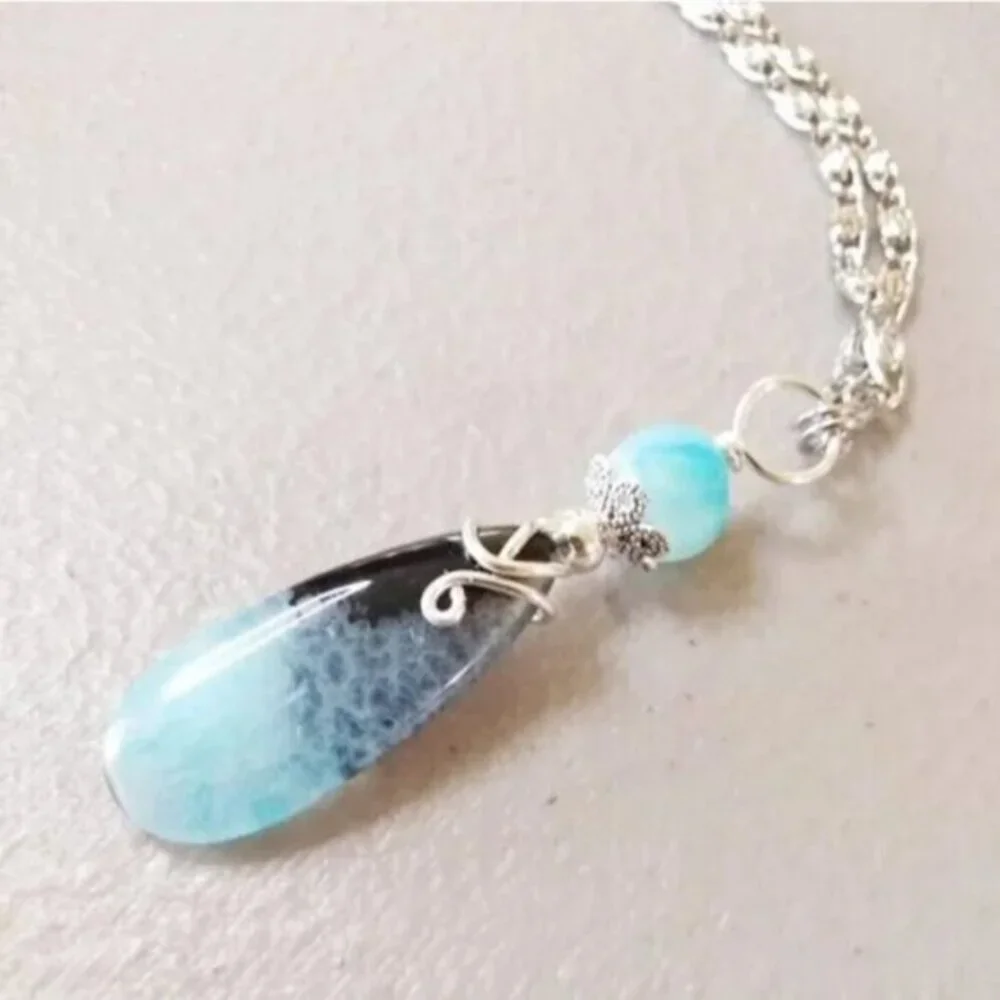 Seafoam Aqua + Black Agate Teardrop Pendant • Boho Beachy Ocean Chic